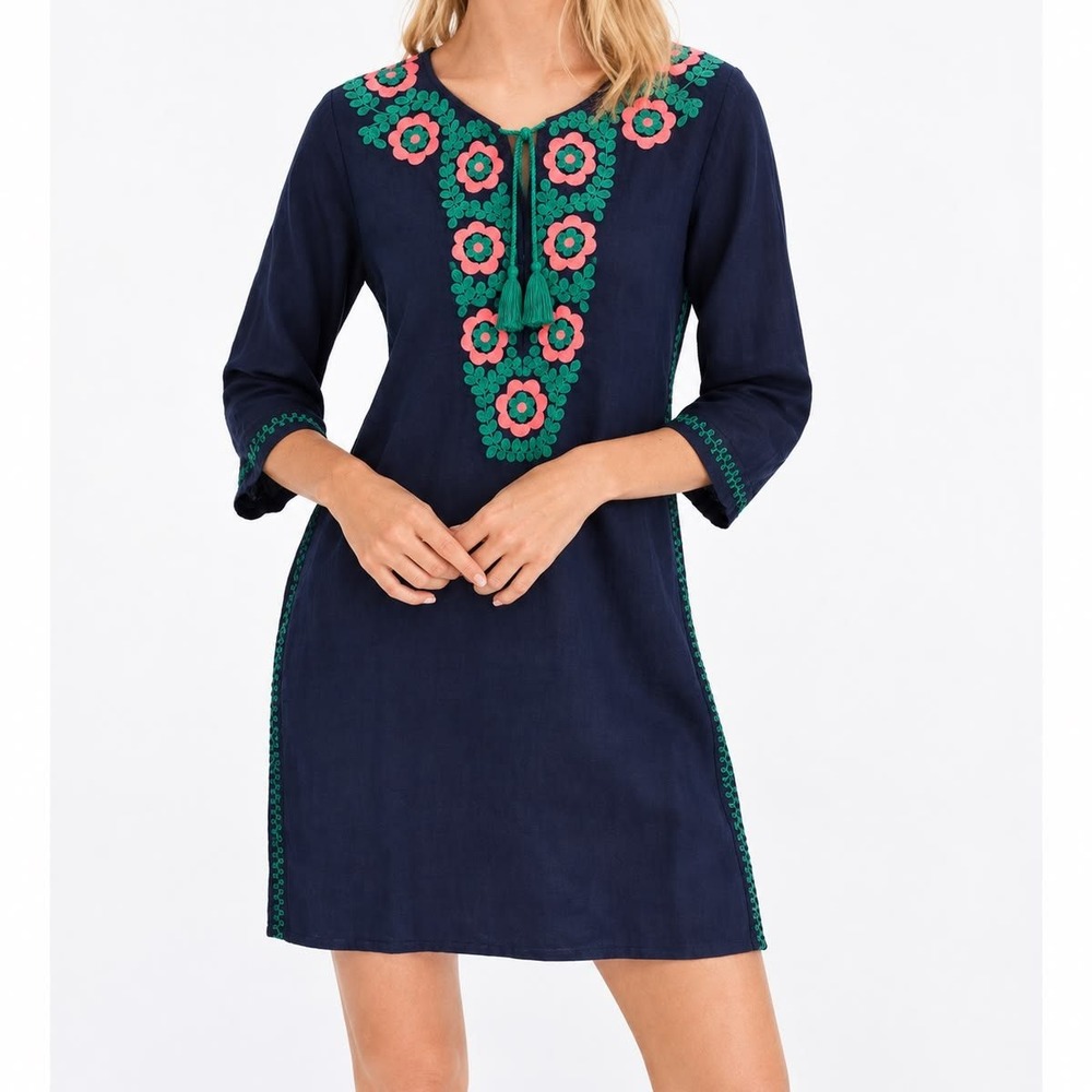 J Crew Swim Coverup Caftan Tunic L Floral Embroidered Cotton Linen Beach Navy